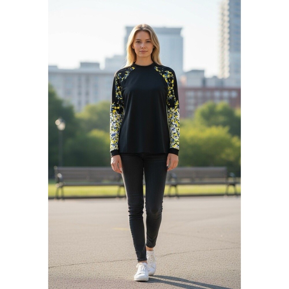 Peter Pilotto Swim Shirt Fit Size M Nylon Long Sleeve w/ Open Back Black Floral